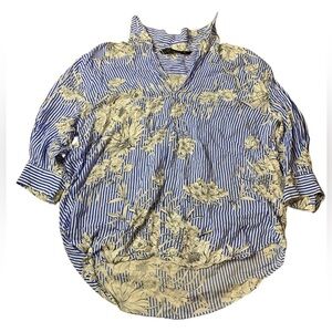 Zara Blue Striped Floral Viscose V-Neck Blouse Oversized Flowy Tunic Top S
